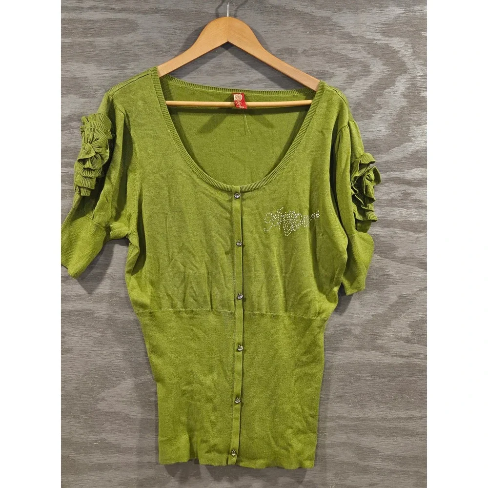 Apple Bottoms Green Short Sleeve Faux Cardigan Rhinestone Ruffle XL Womens Top